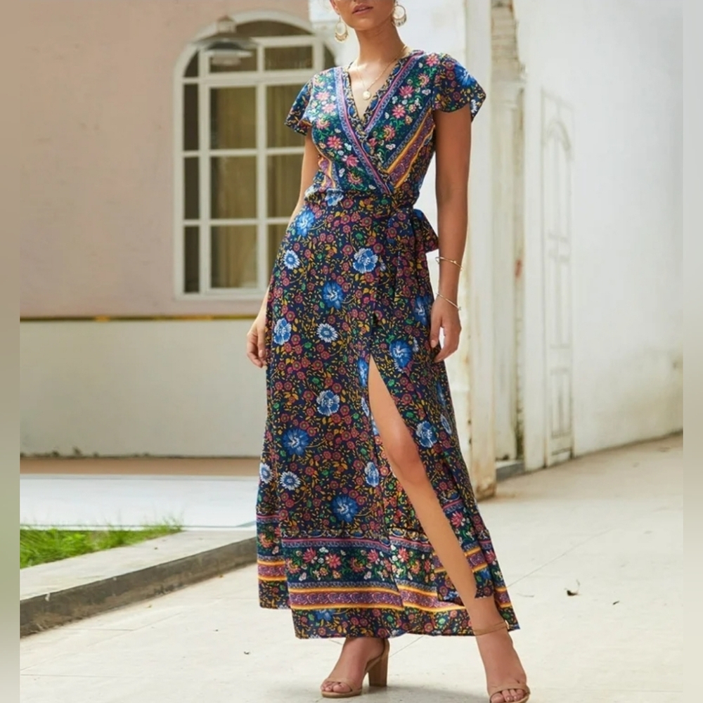 Womens Summer Maxi Dress | Floral Slit Wrap Dress with belt strap- Size M